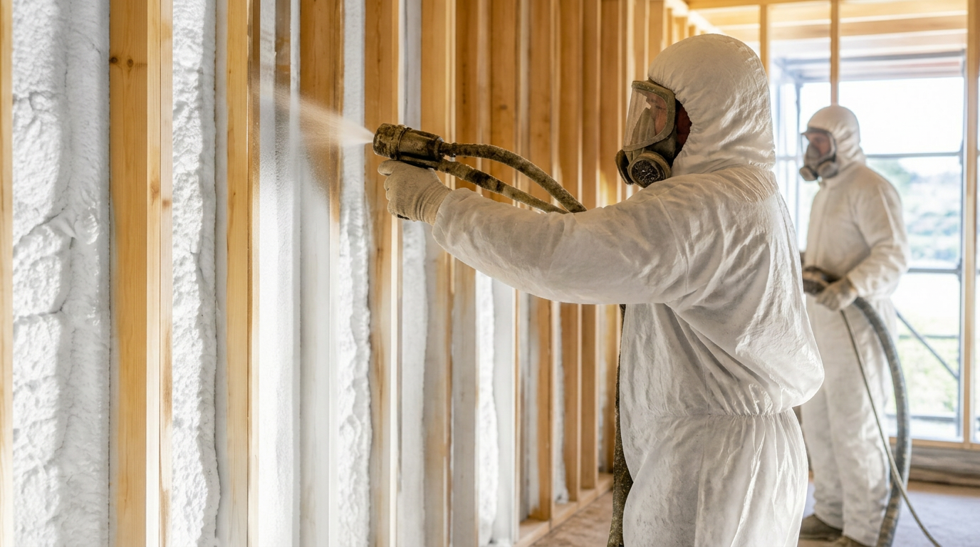 Insulation installers spraying foam in a residential framed wall